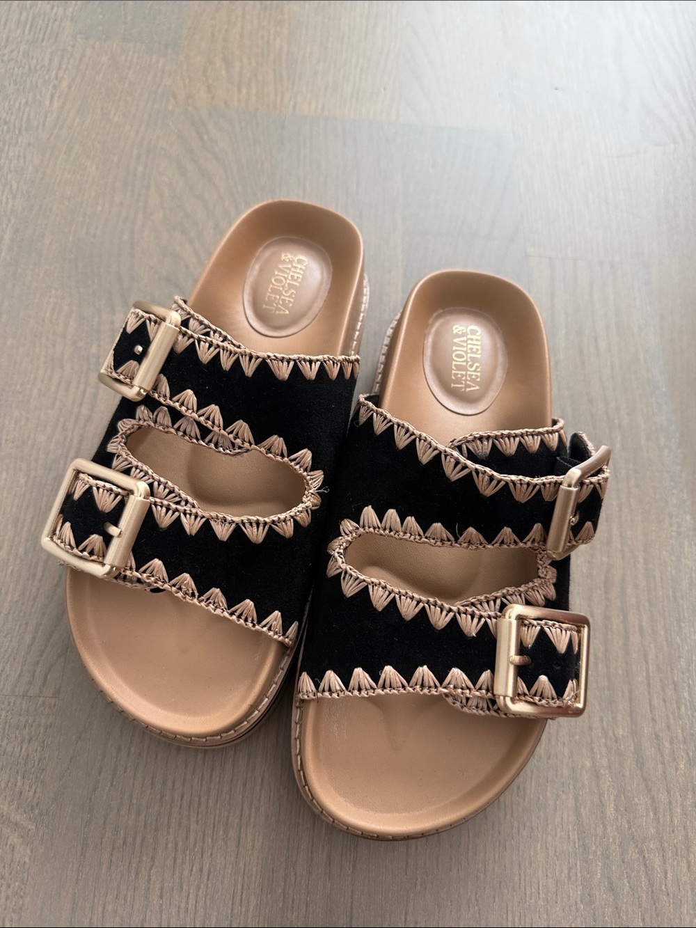 Chelsea & Violet Black Slide Sandals with Tan Trim and Gold Buckles